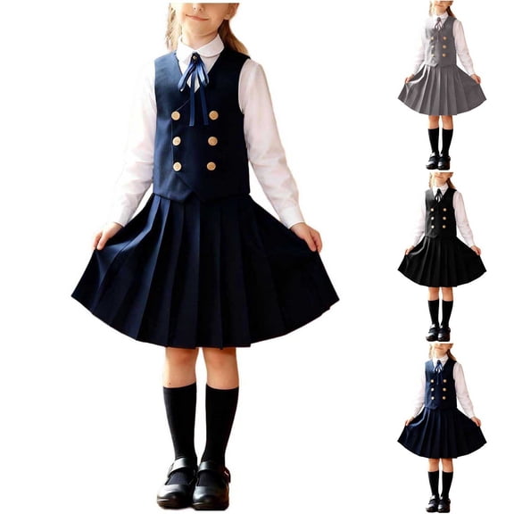 Lovzfmll 4-Piece School Uniform Set for Girls, Long Sleeve Collared Top & Vest & Skirt with Bow Tie, Back-to-School Outfits for Toddler 3-4 Years