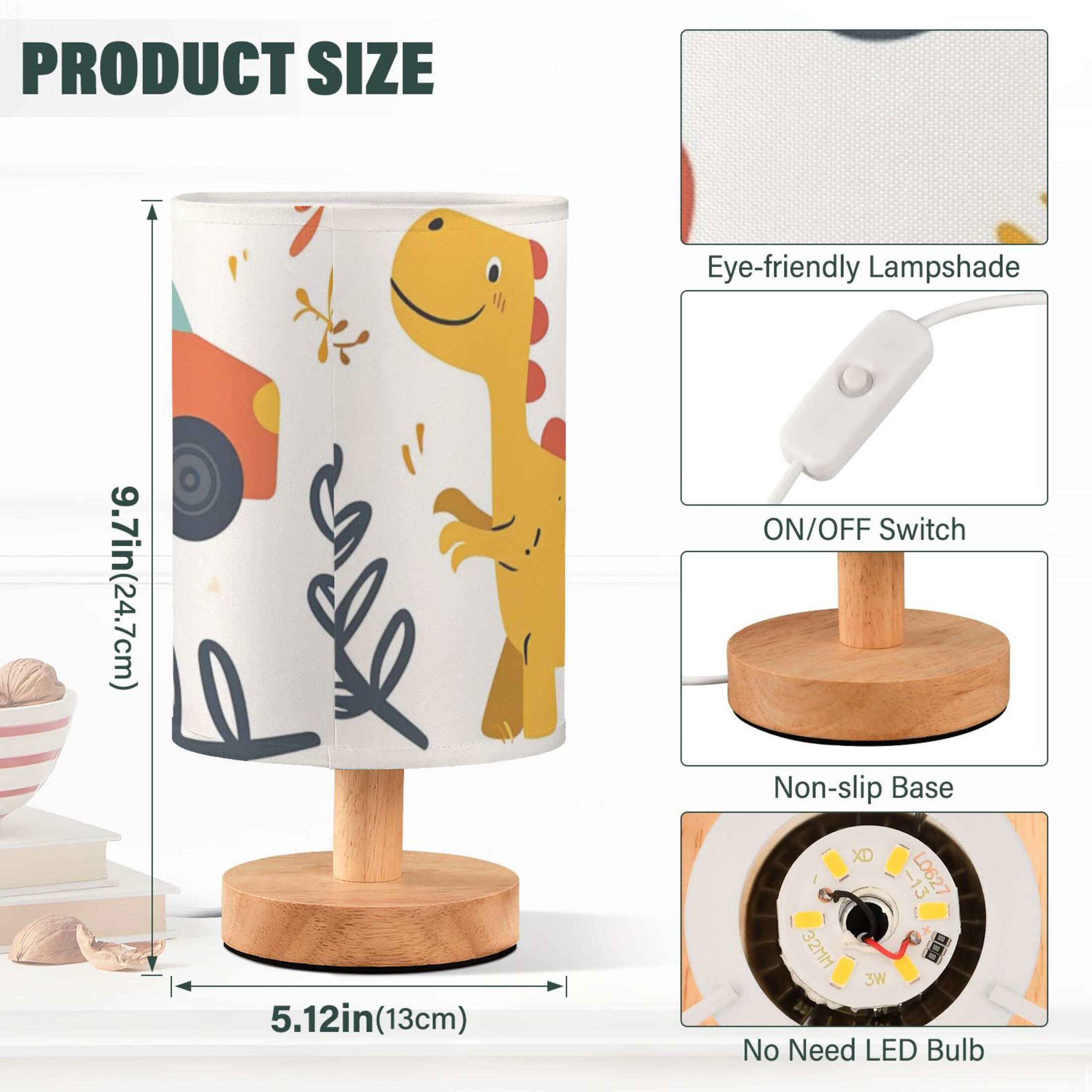 Dinosaurs Birds Leaves Cars Table Lamp USB Bedside Desk Nightstand Lamp Printed Gifts Small Lamp Wood Base for Bedroom Living Room Kids Room College Dorm