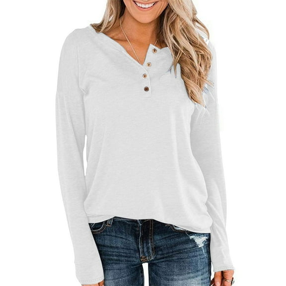 ABATAB Womens Long Sleeve Henley Shirts Classic V Neck Casual Button down Tunic Tops Loose Fit Fall Dressy Tee Clothes(X-Large,White 5)