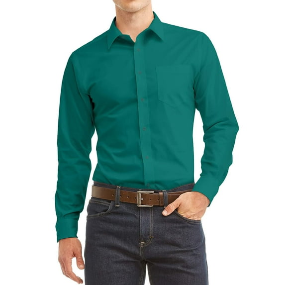 Men's Dress Shirt Long Sleeve Regular Fit Button Up Pocket Solid Standard Cuff Emerald