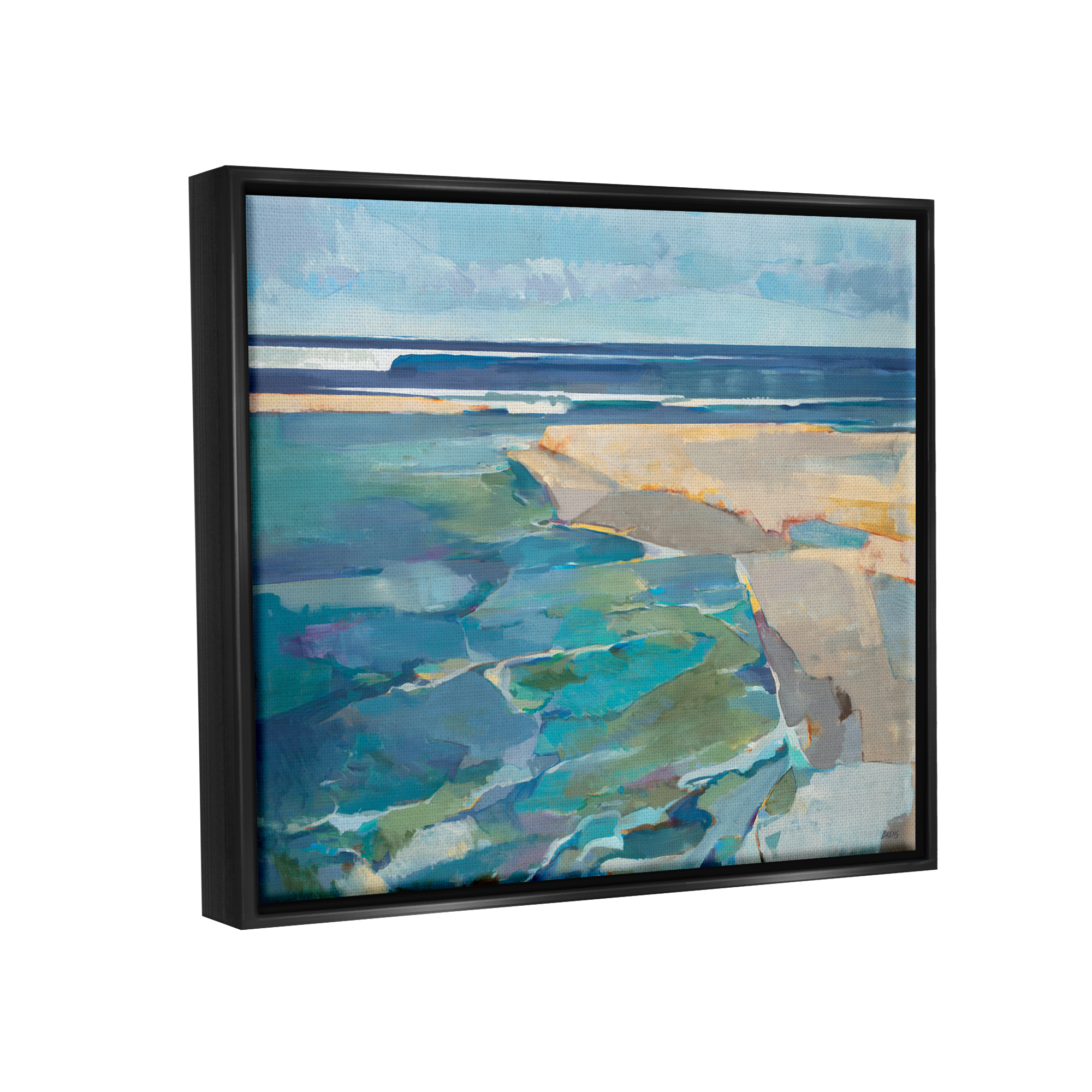 Stupell Industries Abstract Beach Landscape Pastel Cubism Painting Jet Black Framed Floating Canvas Wall Art, 16x20, by Third and Wall