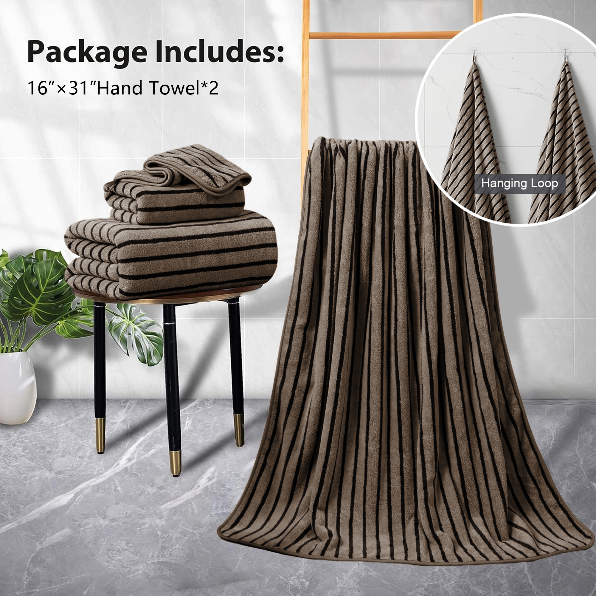 Jessy Home 2-Pack Hand Towels, Dark Brown Striped photo 2