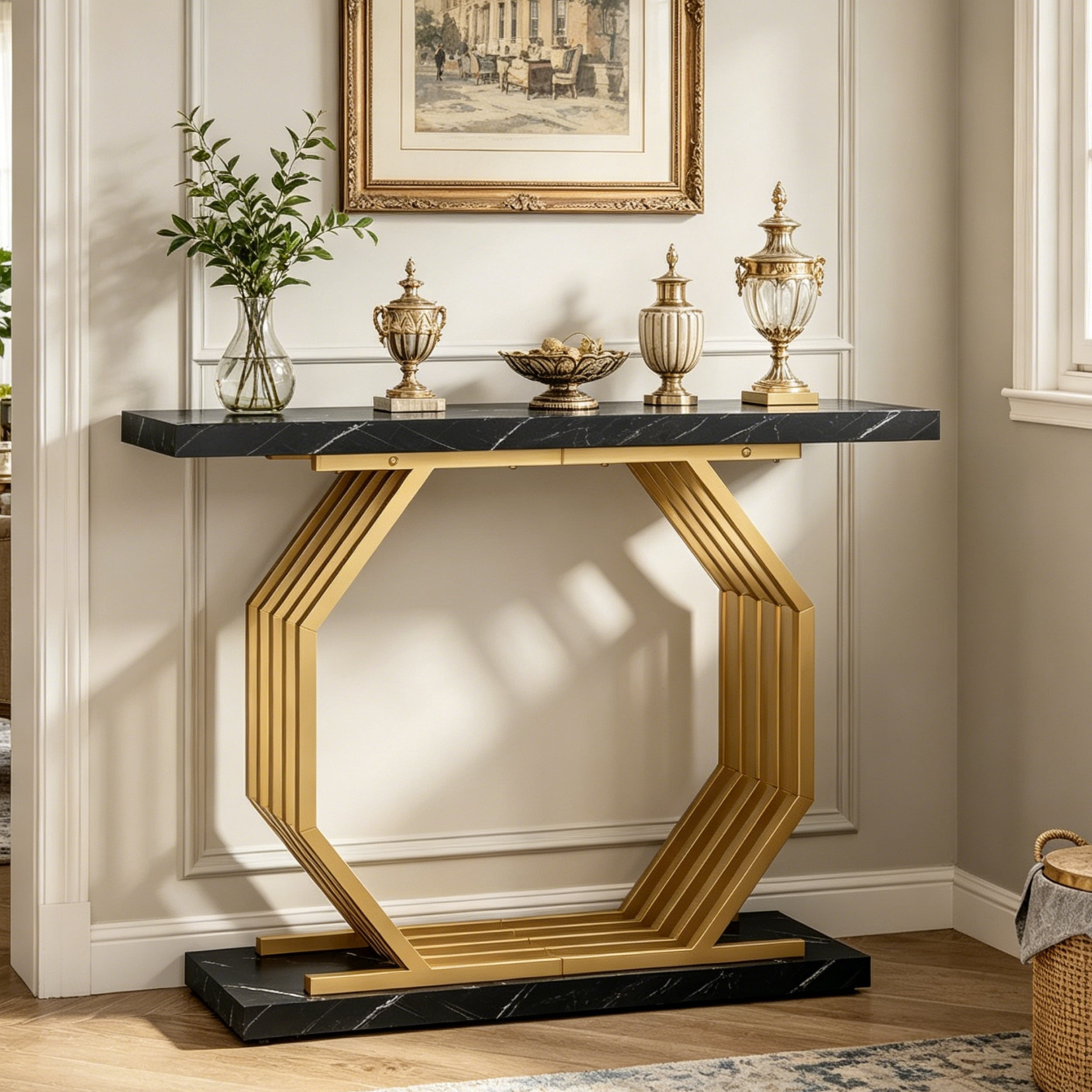 Fnova 40" Console Table, Faux Marble Entryway Table, Narrow Sofa Table with Geometric Metal Frame, Modern Accent Table for Living Room, Hallway, Foyer