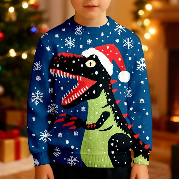 Boys Long Sleeve Crewneck Print Sweatshirt Soft Lined Thermal Pullover Top For Kids Winter Holiday Casual Wear