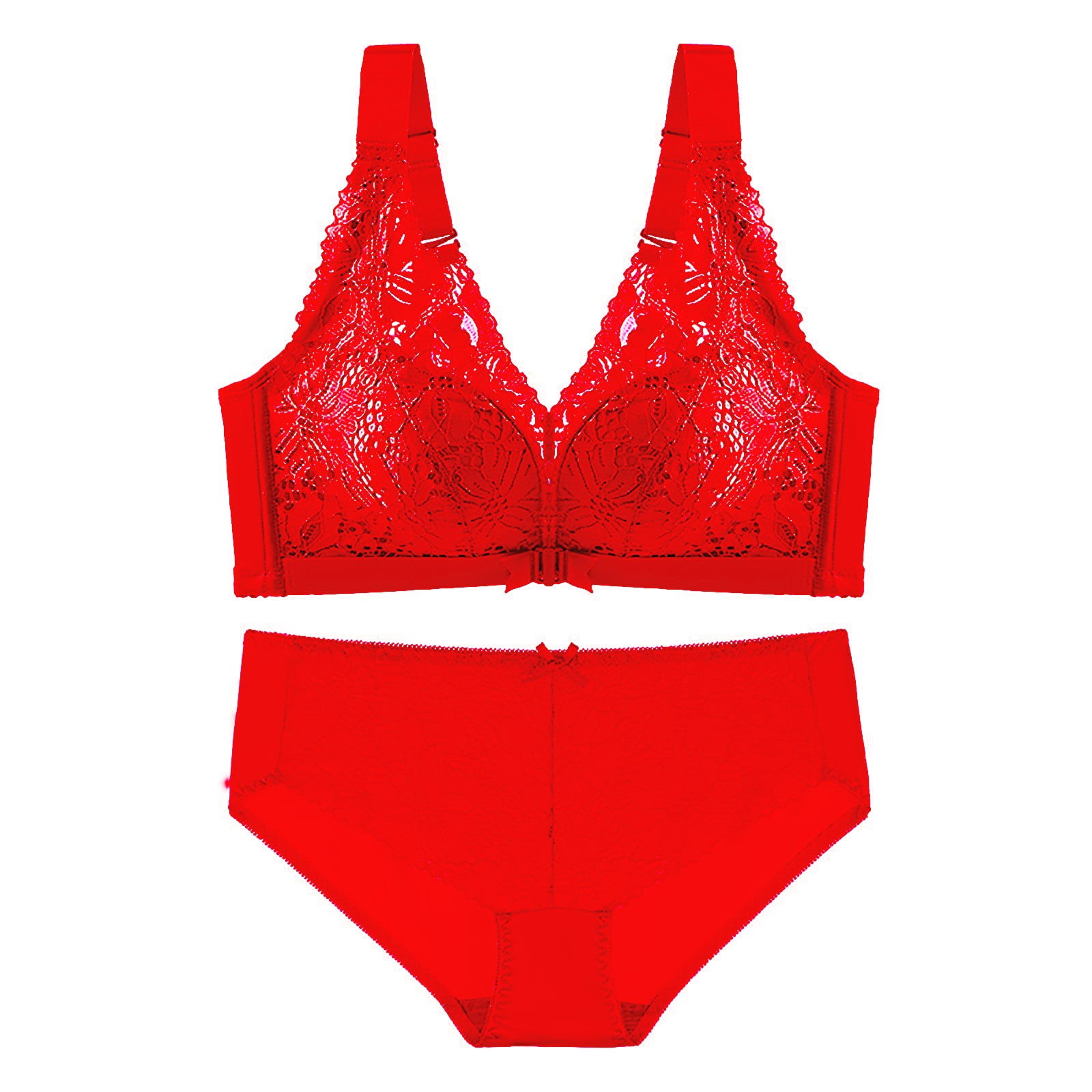 XIAQUJ Ladies Solid Lace Thin Front Button Underwear Gathering Side Closed Rim Beauty Back Bra Underwear Set Lingerie Set for Women Red F