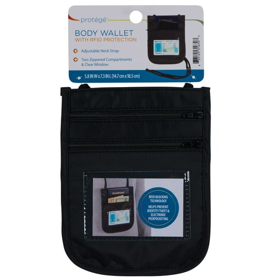 Protégé Travel Body Neck Wallet with RFID Nylon Passport Case in Black