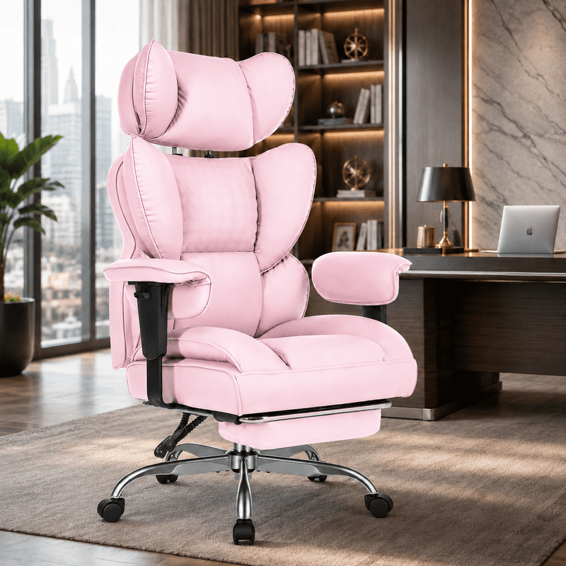 Simple Deluxe Big and Tall Office Chair 350 lbs, PU Leather Executive Desk Chair with Footrest, Pocket Spring Cushion, Ergonomic Reclining Computer Chair for Home Office, Pink