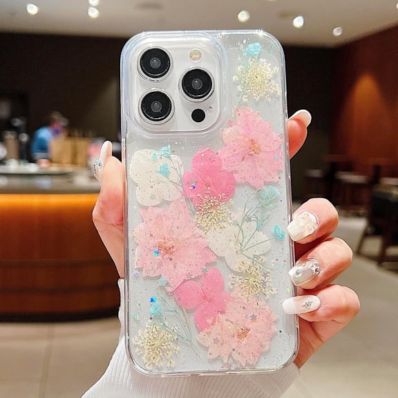 Case for iPhone 14 Pro Max, Bling Glitter Sequin Handmade Real Dried Flower Leaf Embedded Pressed Floral Flexible Clear Soft Rubber Gel TPU Protective Bumper Back Cover - Pink White