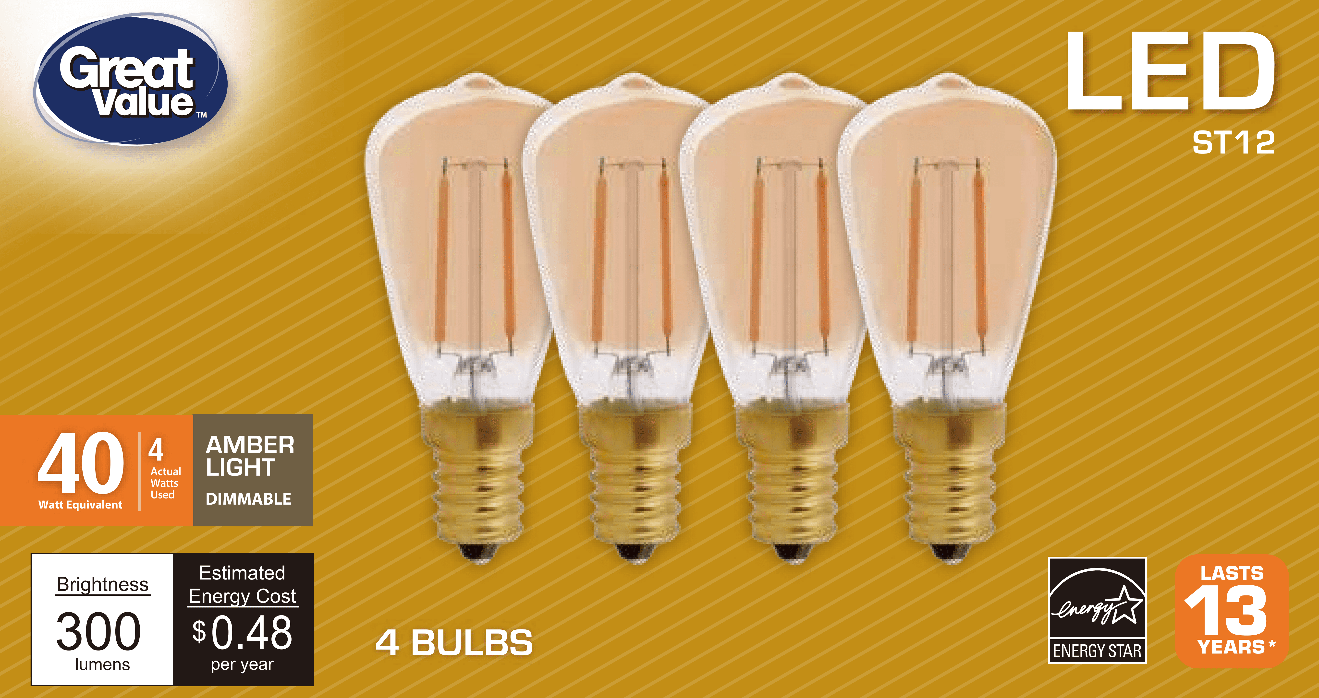 Great Value LED St12 4 Watts Amber Light Candelabra Base Bulbs, 4 Count