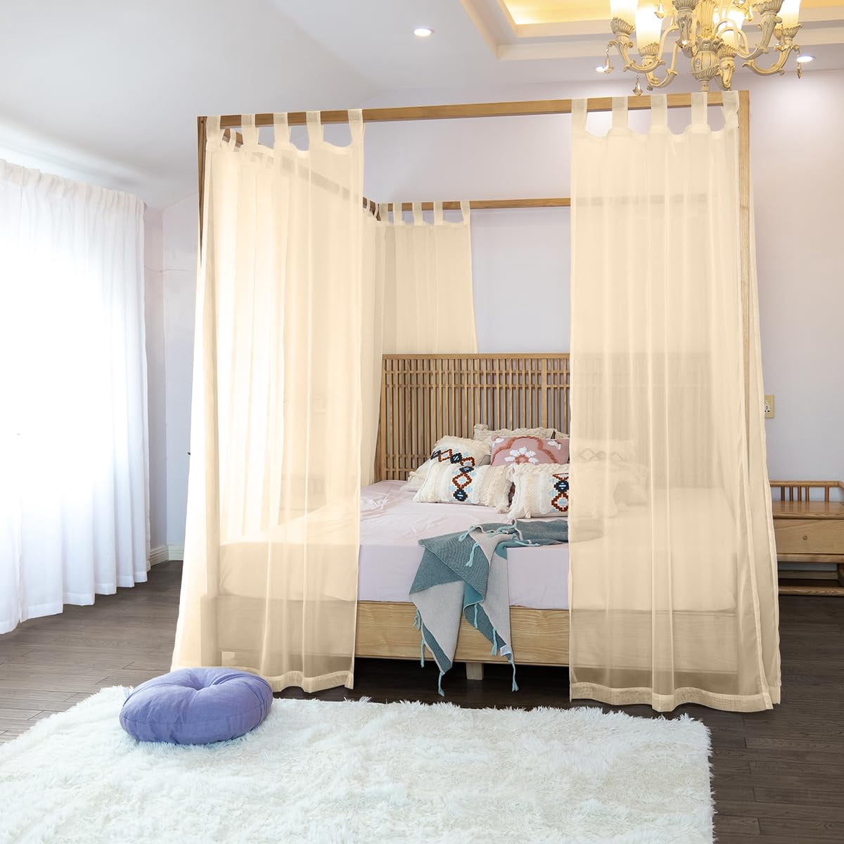 Bed Curtains For King  Queen Full And 4 Corner Canopies & Drapes Four Poster Beds Sheer Champagne
