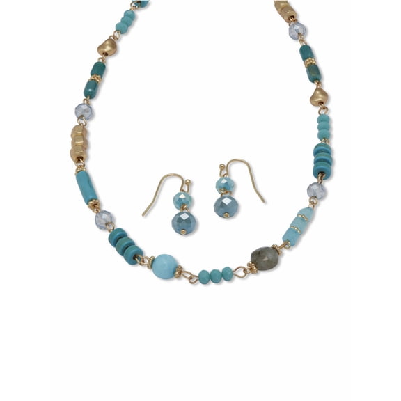 PalmBeach Jewelry Round Genuine Turquoise Goldtone Endless Necklace and Earrings Set, 36 inches plus 3 inch extension