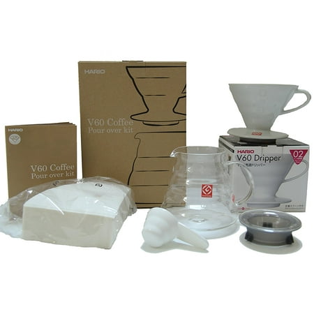 Hario V60 Coffee Pour Over Kit Bundle - Includes Ceramic Dripper, Measuring Spoon, Glass Pot, and Pack of 100 Filters