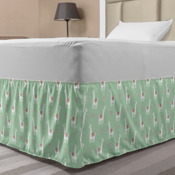 Llama Bed Skirt, Candy Cane Hearts Fun Pattern on Pastel Background, Elastic Bedskirt Dust Ruffle Wrap Around for Bedding Decor, 4 Sizes, Mint Green Multicolor, by Ambesonne