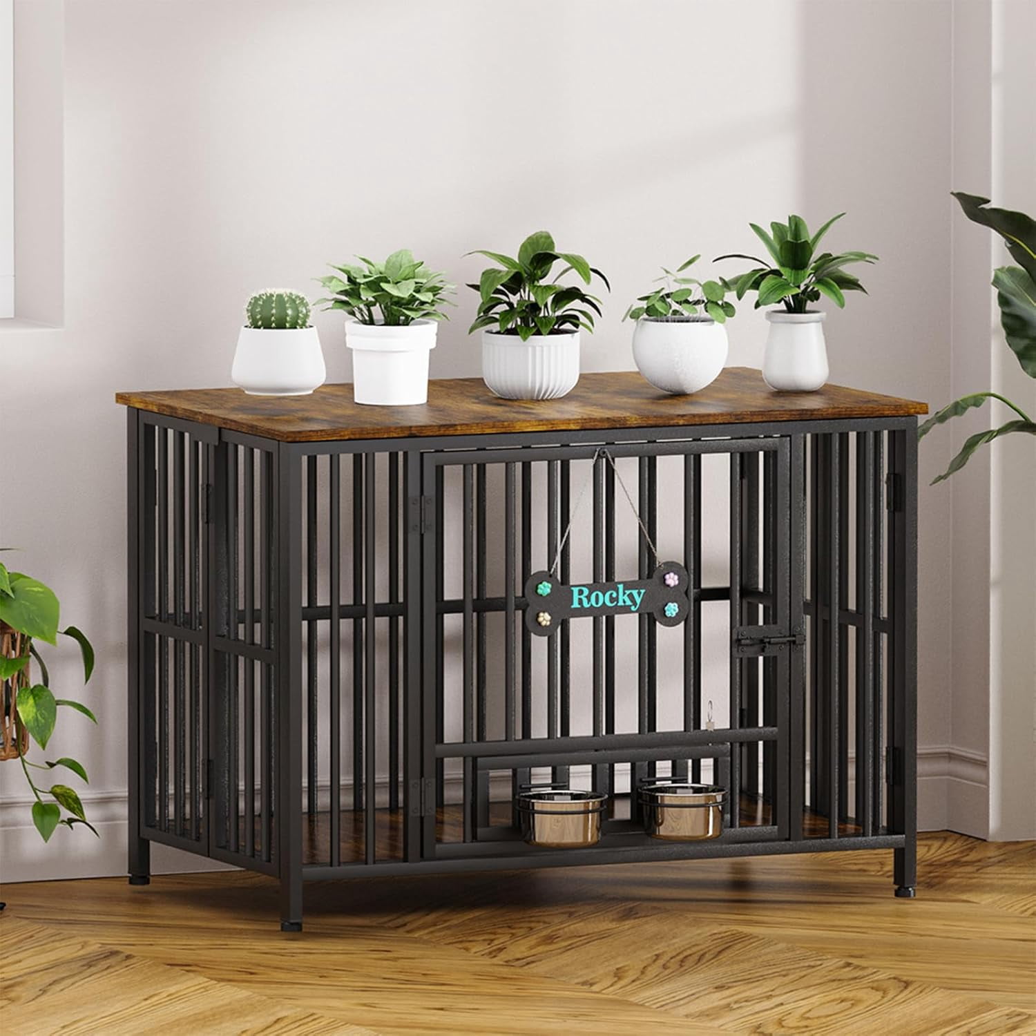 POAO 41" Dog Crate Furniture Foldable, No Assembly Decorative Dog Kennel Indoor, Dog Crates for Large Dogs(40-65 lb), Wooden Dog Cage with Adjustable Bowls and Name Tag, End Table, Rustic Brown