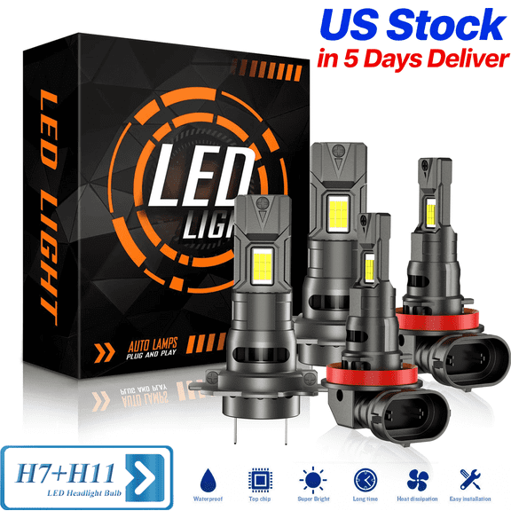 H7 H11 LED Headlight Bulbs Hi/Low Beam, 100,000LM 600% Ultra-Bright Bulb, 6000K White, 500% Brightness with Fan, Plug-N-Play, CANbus Ready, pack of 4