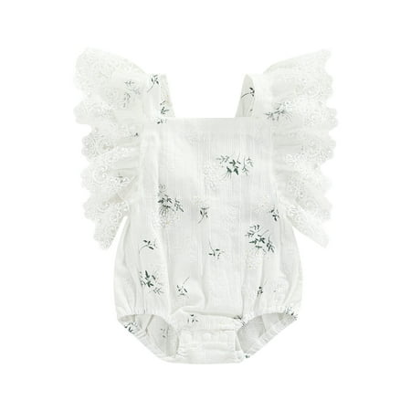 

ELF Baby Girls Summer Casual Romper Cotton Toddler Lace Flying Sleeve One-piece Floral Playsuit 0-2Y