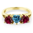 thumbnail image 2 of Gem Stone King 18K Yellow Gold Plated Silver 3-Stone Ring Heart Shape Persian Blue Moissanite and Created Ruby Red (2.72 Cttw, Size 9), 2 of 3