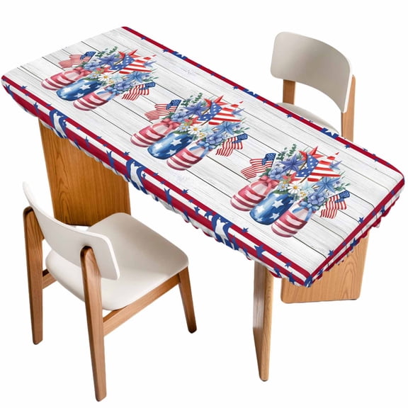 4th of July Table Cloths for 8 Foot Rectangle Tables, Red Blue Patriotic Flowers Star Stripes Wooden Patio Waterproof Elastic Fitted Tablecloths, Washable Rectangular Table Cover for Camping