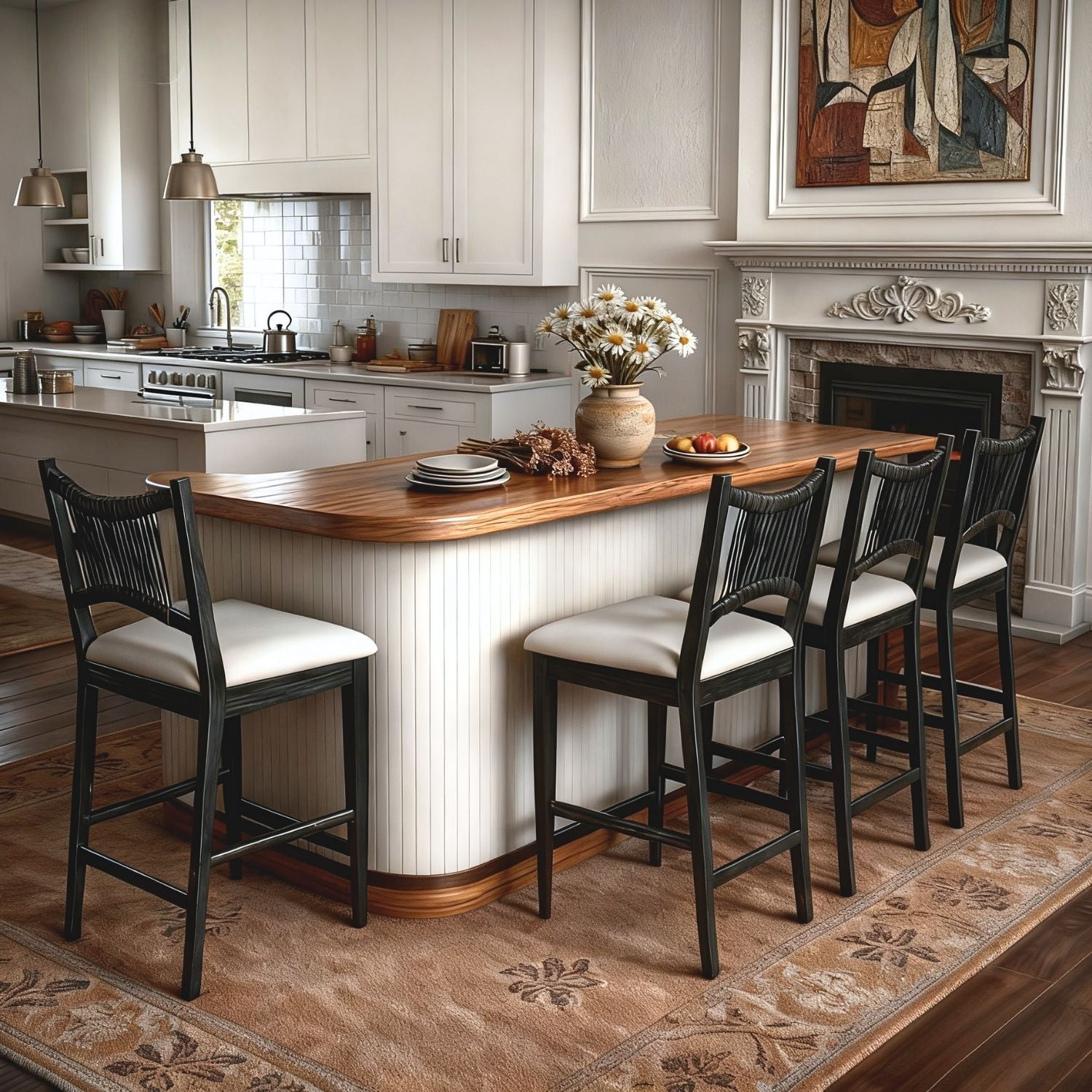Dayalane Farmhouse Bar Stools Set of 4, 25.5" Counter Height Bar Stools with Paper Cord Woven Back and Solid Wood Frame, Chenille Upholstered Kitchen Island Chairs for Dining Room Home Bar, Black