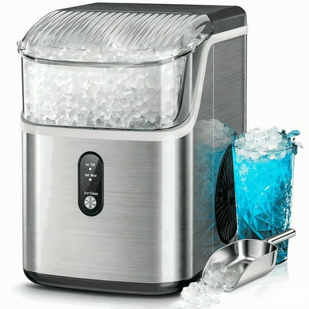 Countertop Nugget/Pebble/Pellet Ice Maker - Self-Cleaning & One-Click Operation | Space-Saving Compact, High-Quality (Silvery/Black, Ideal for Home/Office Drink Cooling)