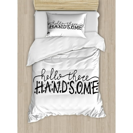 Hello Twin Size Duvet Cover Set, Hello There Handsome Typographic Text with Doodle Stars for Baby Boys Kids Birthday, Decorative 2 Piece Bedding Set with 1 Pillow Sham, Black White, by Ambesonne