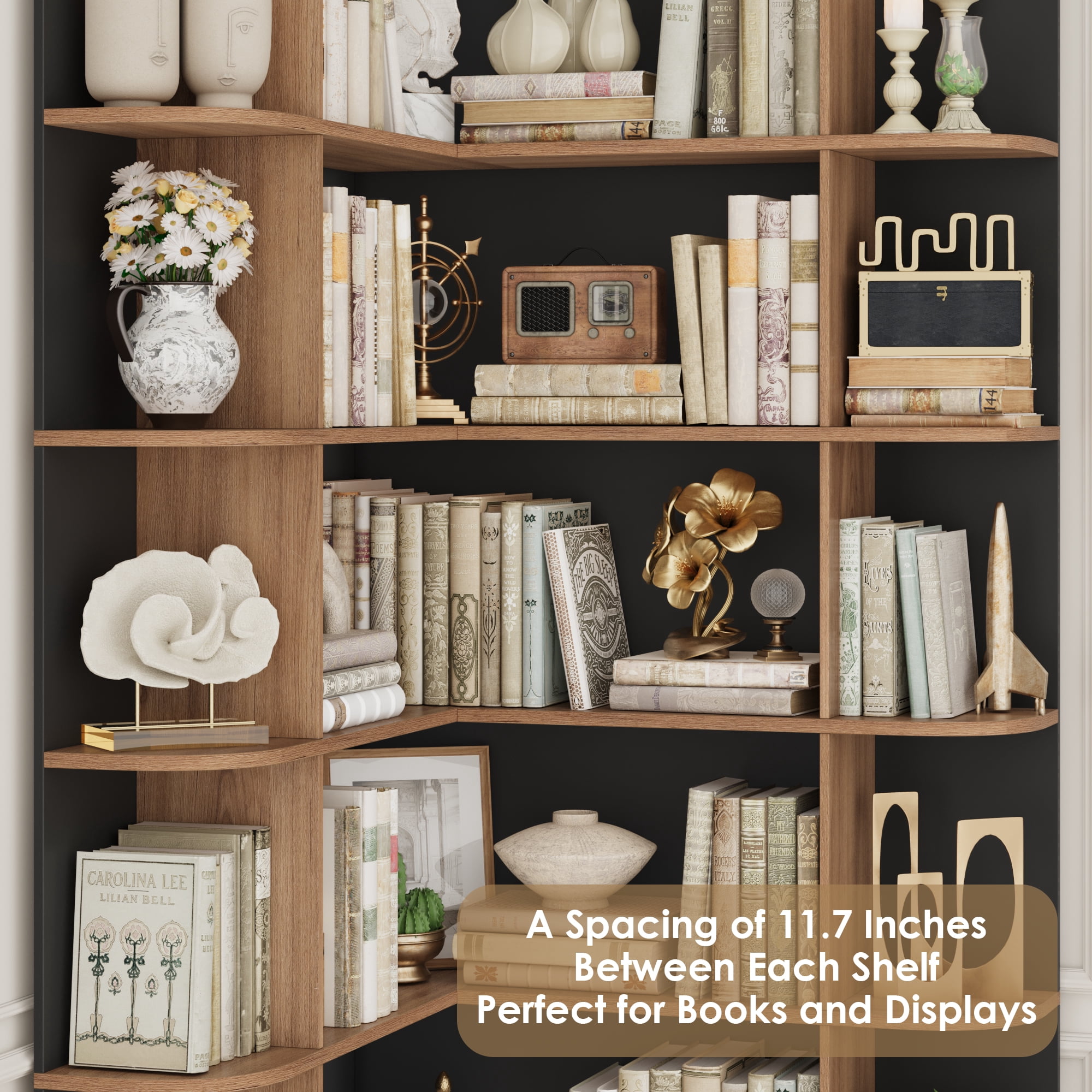 Homfa 73.9” Tall Corner Bookcase, 6 Tier L-Shaped Large Display Bookshelf with Curved Edges for Living Room Home Office Study, Black & Oak