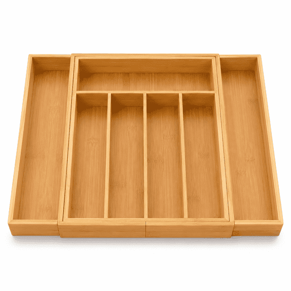 PLERISE Bamboo Expandable Drawer Organizer, Silverware and Cutlery Tray with Adjustable Dividers, 13.98 x 10.04 x 1.97 Inches