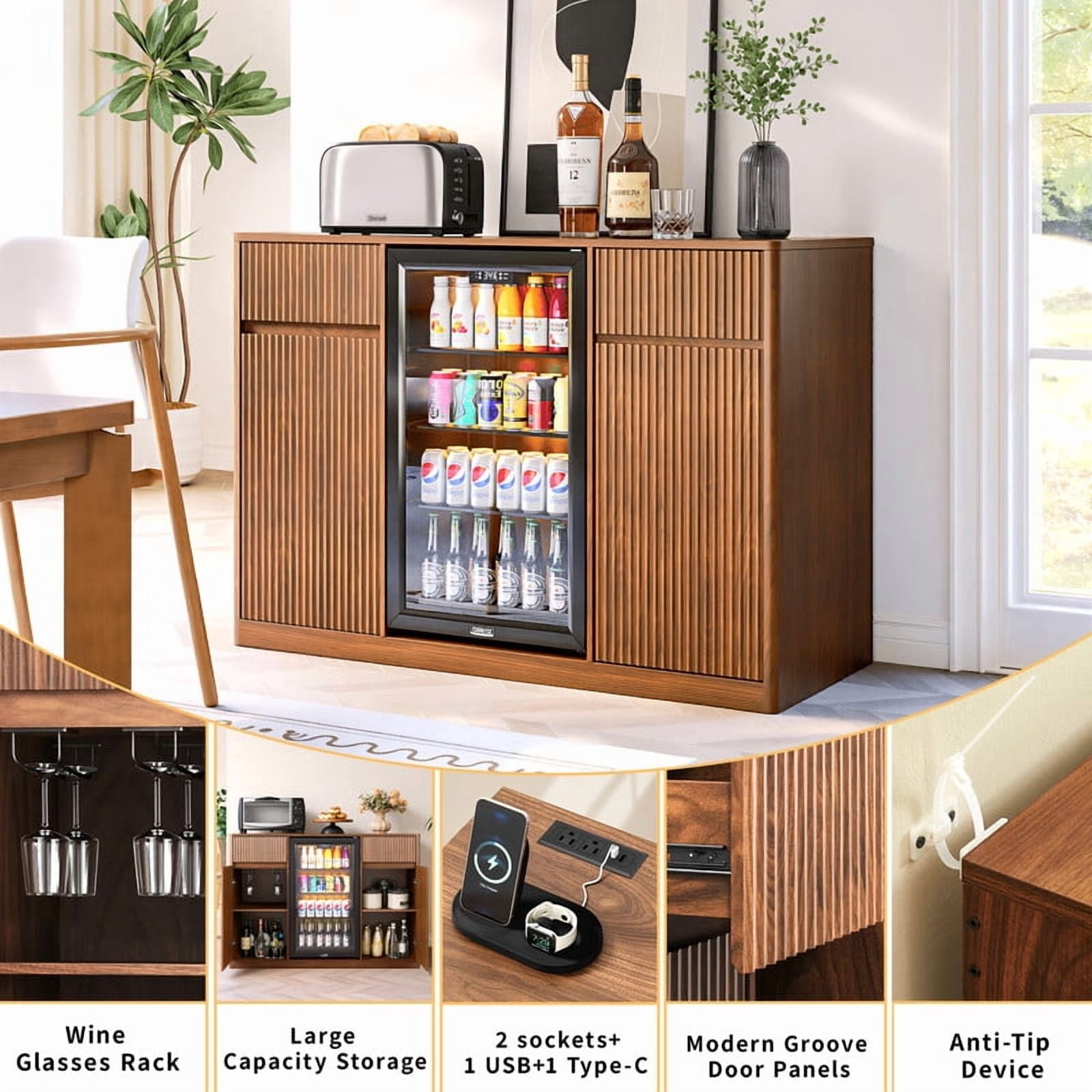 53.2"W Fluted-Door Kitchen Sideboard Buffet with Mini Fridge Nook, Freestanding Bar Wine Storage Cabinet with Charging Station