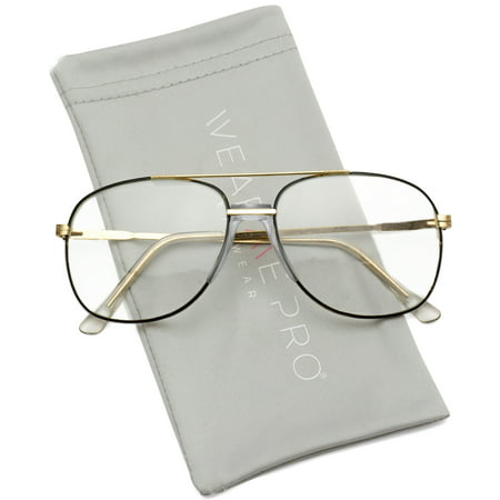 WearMe Pro - Gold Metal Aviator Nerd Glasses Retro Hipster Vintage Style Clear Lens