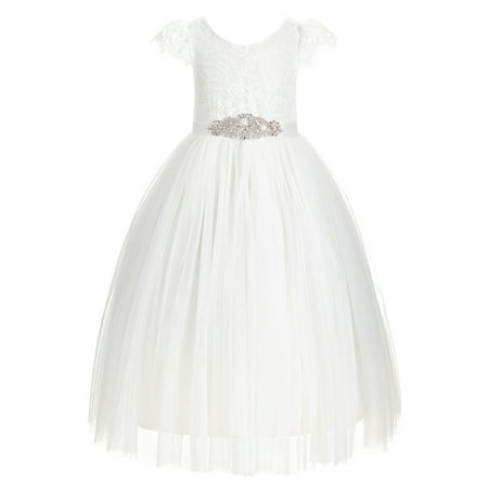 

Ivory V-Back Lace Cap Sleeves Flower Girl Dress Junior Pageant 622R3