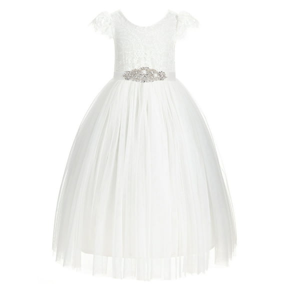Ekidsbridal Girl Bridesmaid Flower Girl Dress - Cap Sleeves Ivory Backless Lace 622R3-A (Size: 2-10)