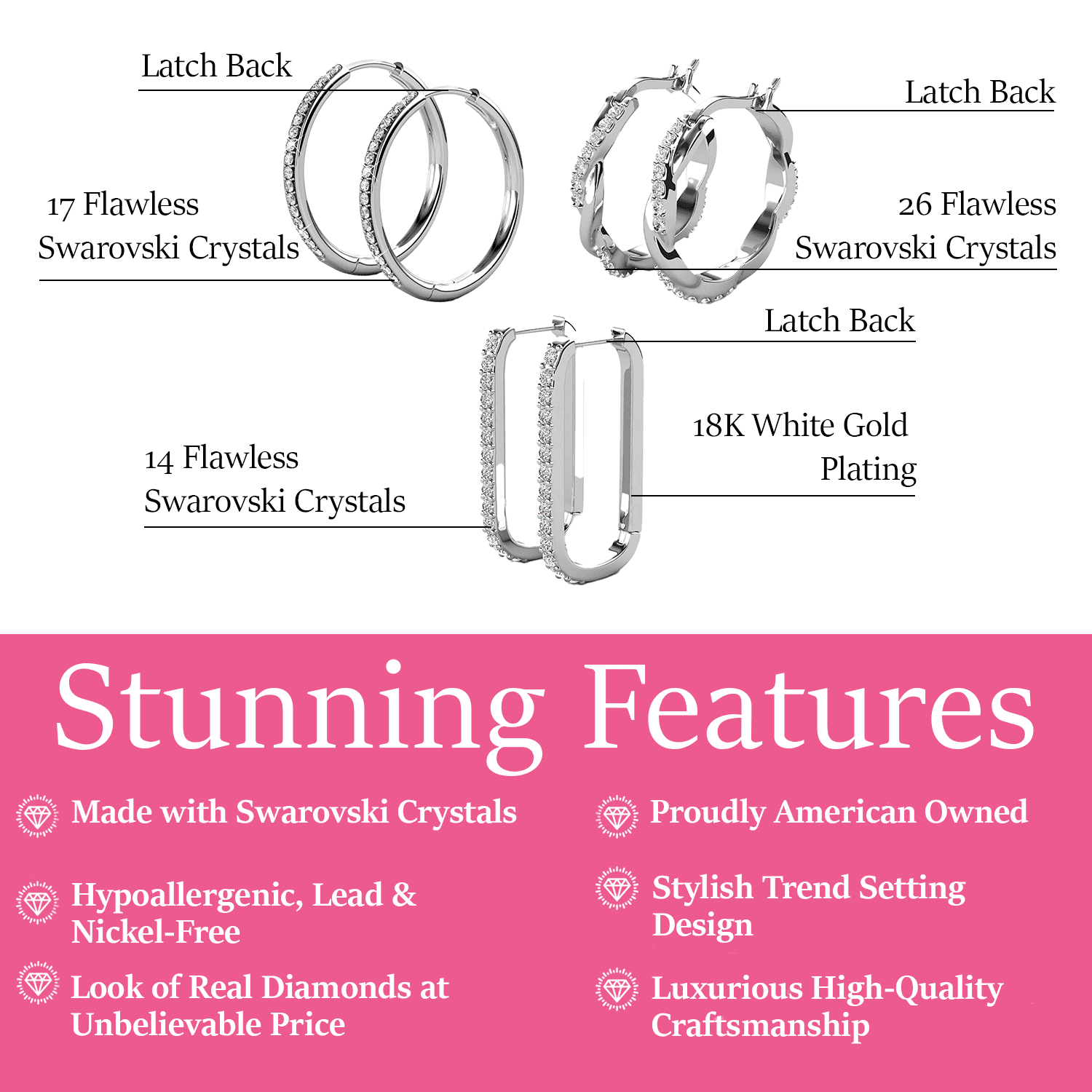 Cate & Chloe Pack of 3 - Bianca, Nadia & Lauren 18k White Gold Plated Earrings with Swarovski Crystals for Women