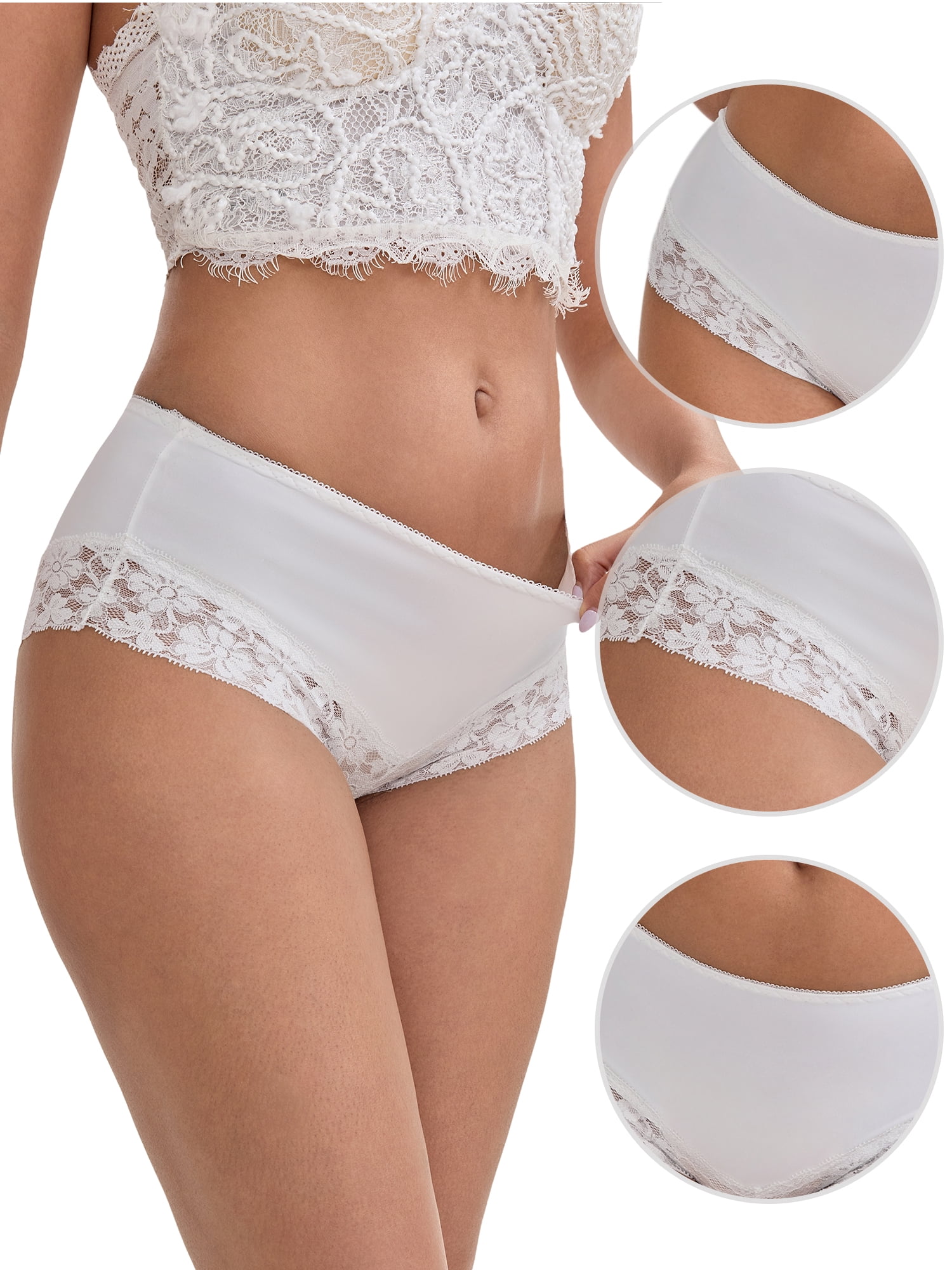 DARING DIVA Women's Lace Trim Ice Silk Mid Rise Breathable Briefs S White
