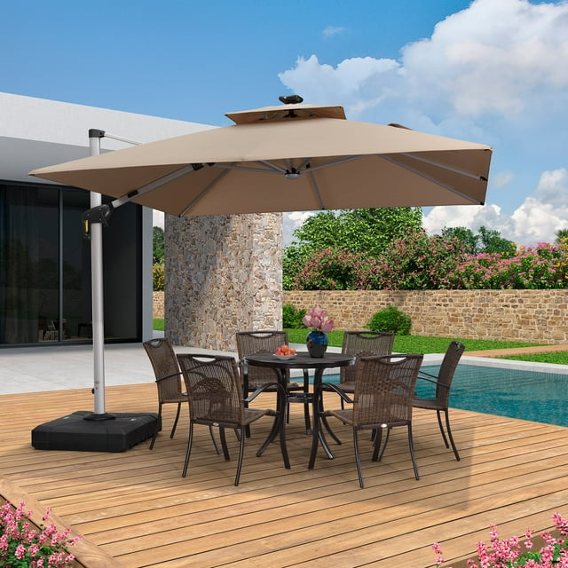 PURPLE LEAF Parasol de Patio Carré à Double Toit de 10 Pi de Luxe à DEL Alimenté par Solar, Parasol Déporté d'Extérieur, Beige