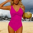thumbnail image 5 of Antqov One Piece Swimsuit Women, Solid Color V Neck Padded Open Back Conservative Tummy Control Bathing Suit, Summer Vacation Cozy Casual Sports Swimwear, 5 of 9