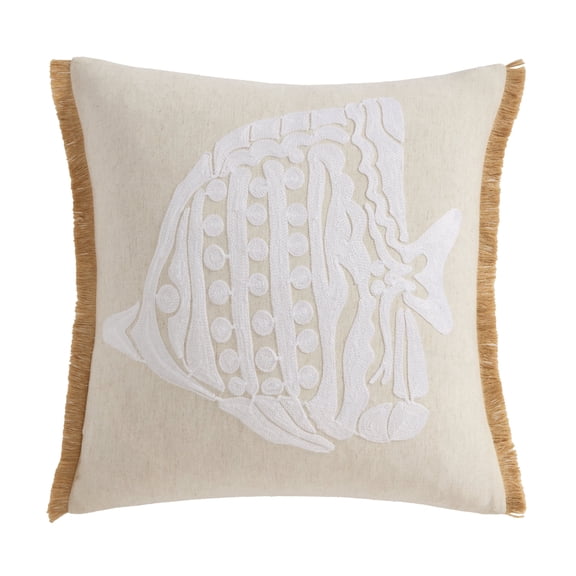 Levtex Home - Seaside Charm Crewel Fish Pillow - 18x18in Decorative Pillow - Coastal Fish Design - Textured Crewel Embroidery - Fringe Trim - Polyester Fill