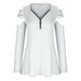 thumbnail image 5 of safuny Womens Top Dressy Loose Solid Color Zipper Hollow Out T-Shirt Comfy Casual Plus Size T-Shirts Pullover V-Neck Long Sleeve White S, 5 of 6