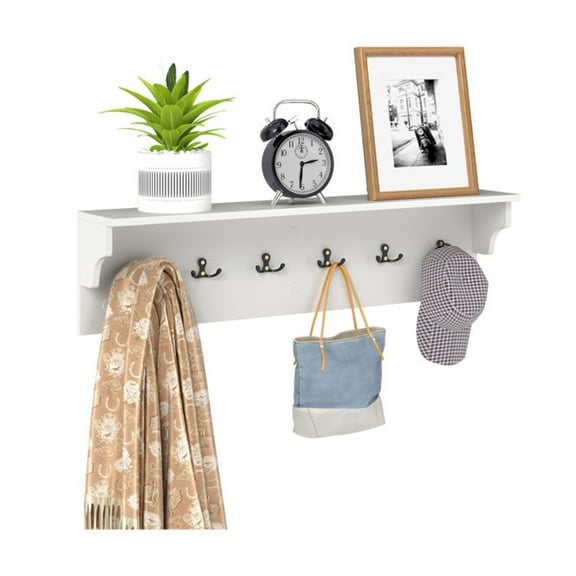 Wall Mount Coat Rack with Shelf - 31.5"x5.5"x8", 6 Hooks & 110LBS Capacity (White)