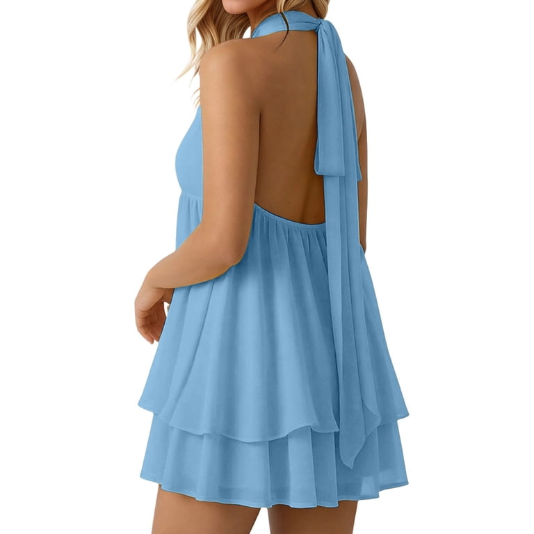 open back layered halter dress XFeng.Women's Halter Sleeveless Open Back Mini Dress, Layered Chiffon Flowy  Party Short Dress.Yellow.S