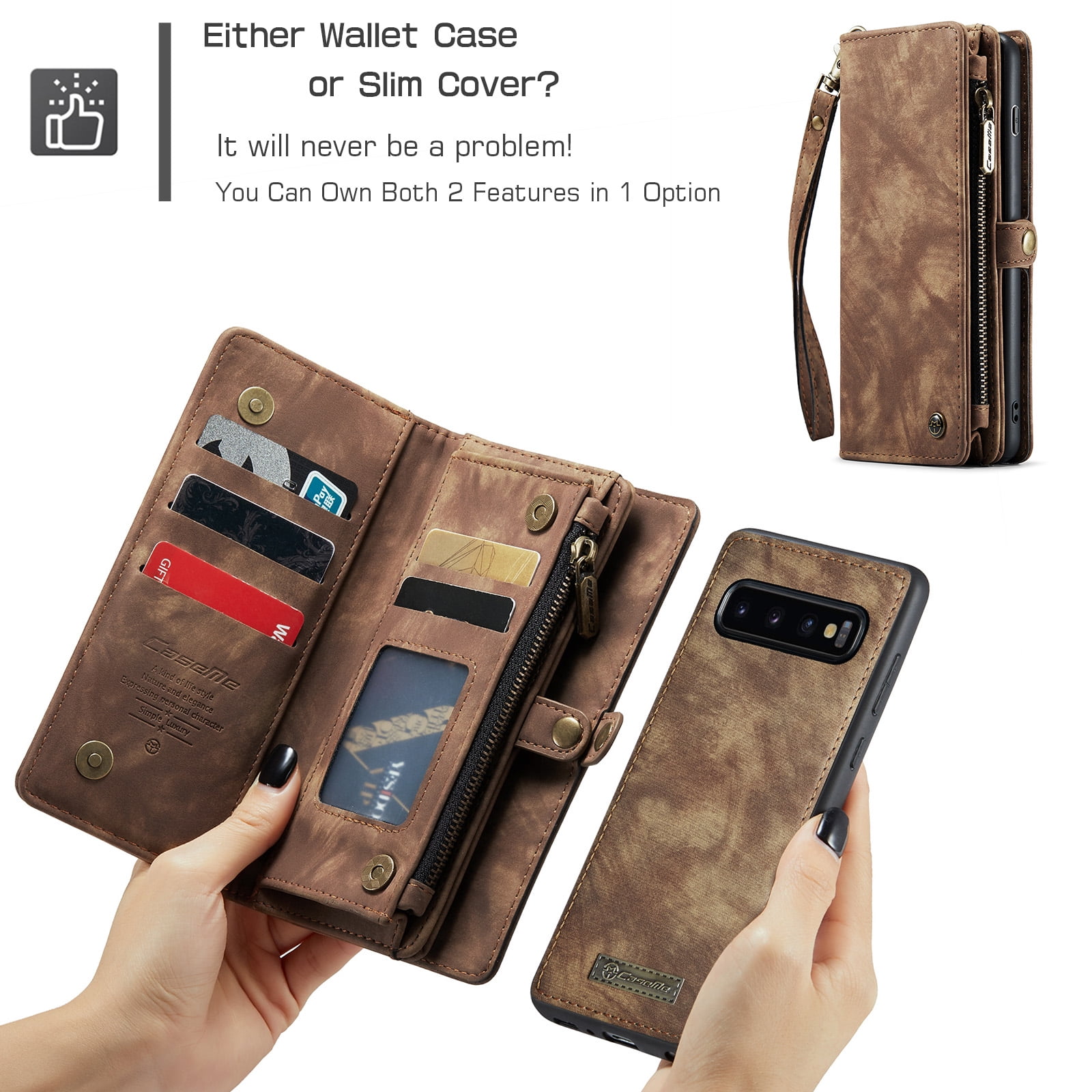 For Samsung Galaxy S10 Wallet Case,Multi-Functional Retro Leather Purse Flip Cover Zipper Wallet Case with Removable Card Slots Pocket & Detachable Wrist Strap Magnetic Phone Case, Darkbrown