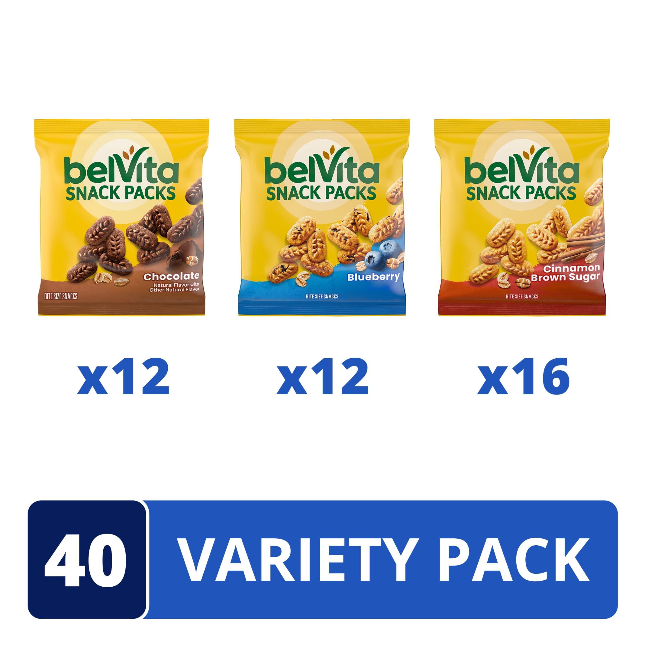 belVita Bite Size Snacks Variety Pack, 3 Flavors Crunchy Bites, 40 Snack Packs
