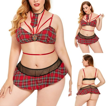 

Fengqque Womens Girl Sexy Plus Size Lingerie Plaid Tie Stitching Stylish Nightwear