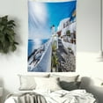 thumbnail image 3 of Summer Tapestry, Ancient Oia Village in Santorini Island Greece with Aegean Sea Scenery Image, Wall Hanging for Bedroom Living Room Dorm Decor, 40W X 60L Inches, Blue and White, by Ambesonne, 3 of 5