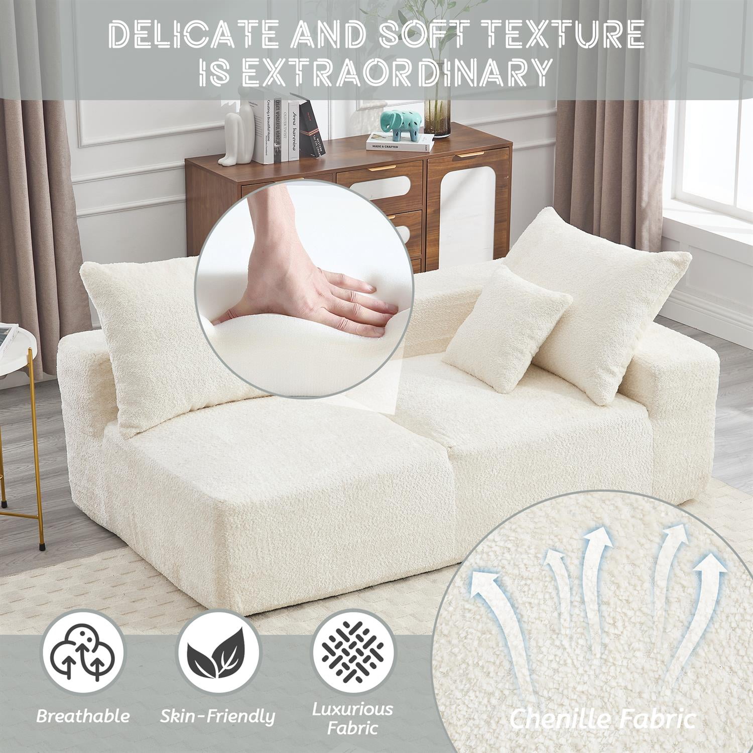 Demi Bonn 67" Premium Fabric Sofa, Cozy 2-Person Couch for Living Room and Office, Comfort Style Lazy Leisure Seat, White