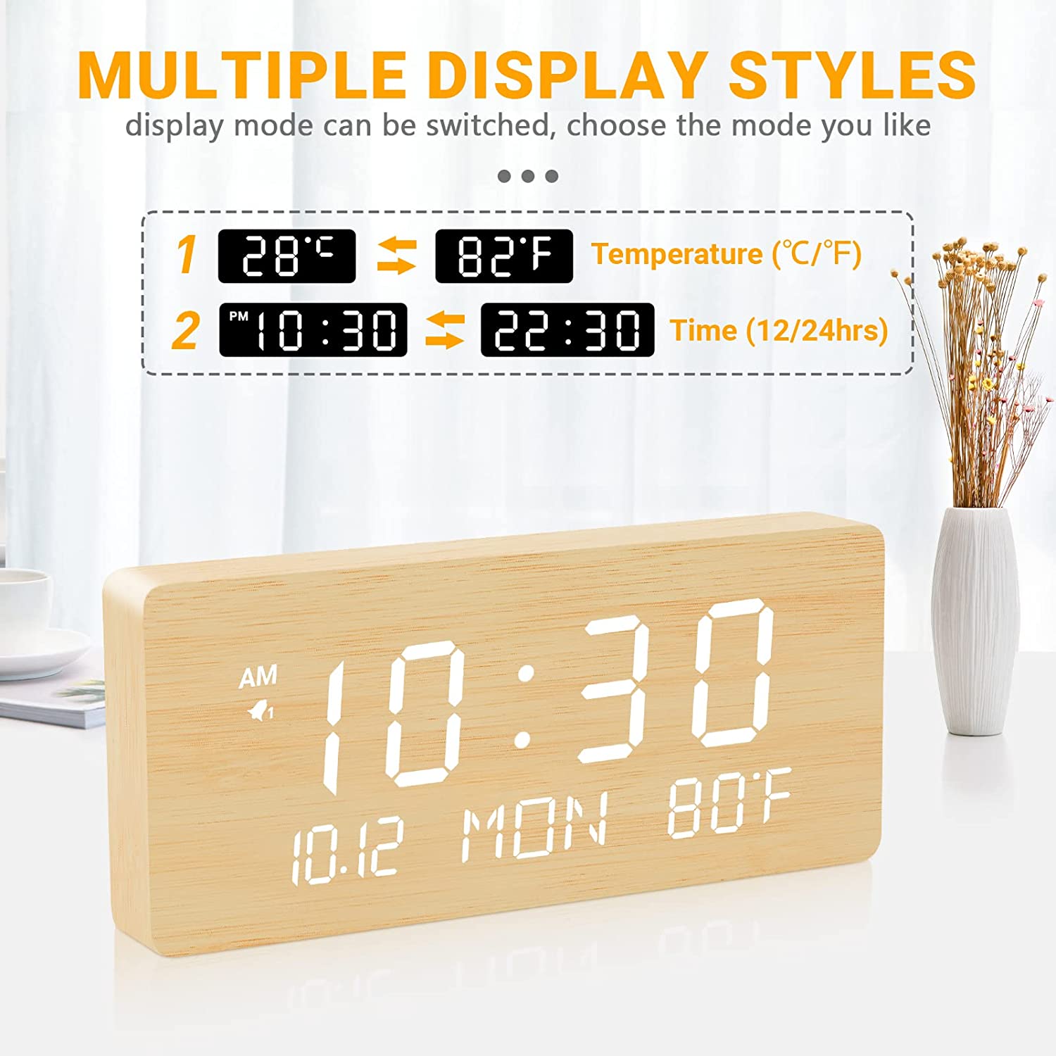Horloge Murale Numérique LED 10" Bois - Heure, Date, Température, Humidité, Télécommande, Luminosité Auto - 10