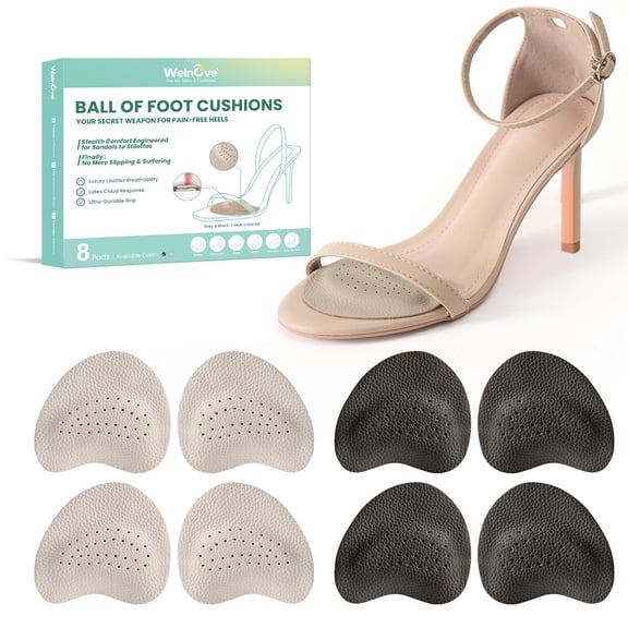 Welnove Leather Metatarsal Pads for Women - 4 Pairs Ball of Foot Cushions, Anti-Slip Forefoot Inserts for High Heels, Flats & Pumps, All-Day Pain Relief