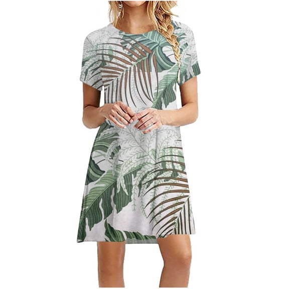 Ayolanni Short Sleeve Dresses for Women Leisure Floral Knee Length Crew Neck Midi T-Shirt Dress Beach Vacation Sundress Green L