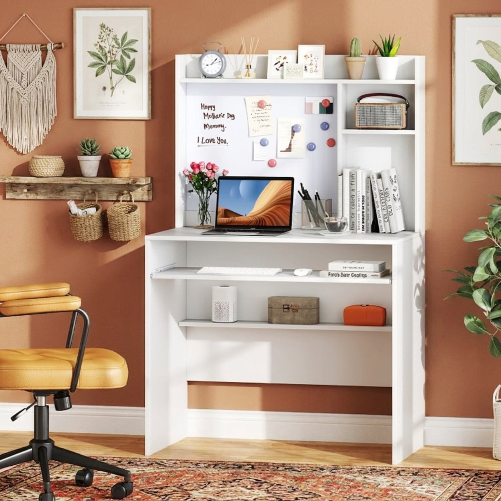 Furnibear Compact Computer Desk with Hutch Office Workstation with Magnetic Whiteboard Pull Out Keyboard Tray and Adjustable Shelf for Bedroom, White