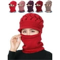 thumbnail image 1 of Deago Womens Bib Beanie Hat Pom Bobble Scarf Mask Set Knitted Winter Warm Snow Ski Cap (Red), 1 of 5