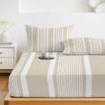 thumbnail image 6 of Full Size Fitted Sheet Set - Beige Stripe 3 Piece Bedding Sets 16" Deep Pocket Fitted Sheet with 2 Pillowcases, Cream Striped Modern Minimalist Geometric Lines Brushed Microfiber Hotel Bed Sheets, 6 of 9